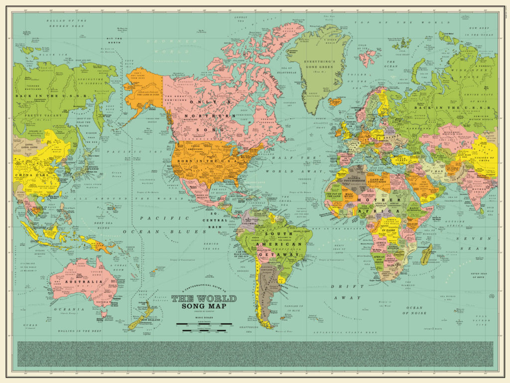 Карта мира с названиями песен вместо стран