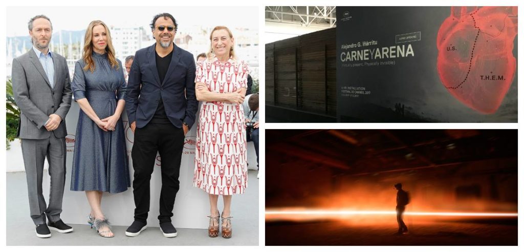 Виртуальная инсталляция Иньярриту «Carne y Arena» («Плоть и песок») Слева направо: оператор Эммануэль Любецки, кинопродюсер Мэри Пэрент, режиссер Алехандро Гонсалес Иньярриту, Миучча Прада на Каннском фестивале (2017)